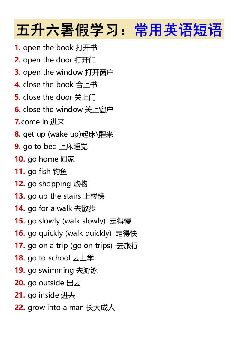 五升六暑假学习：常用英语短语-六上英语-玖零笔记