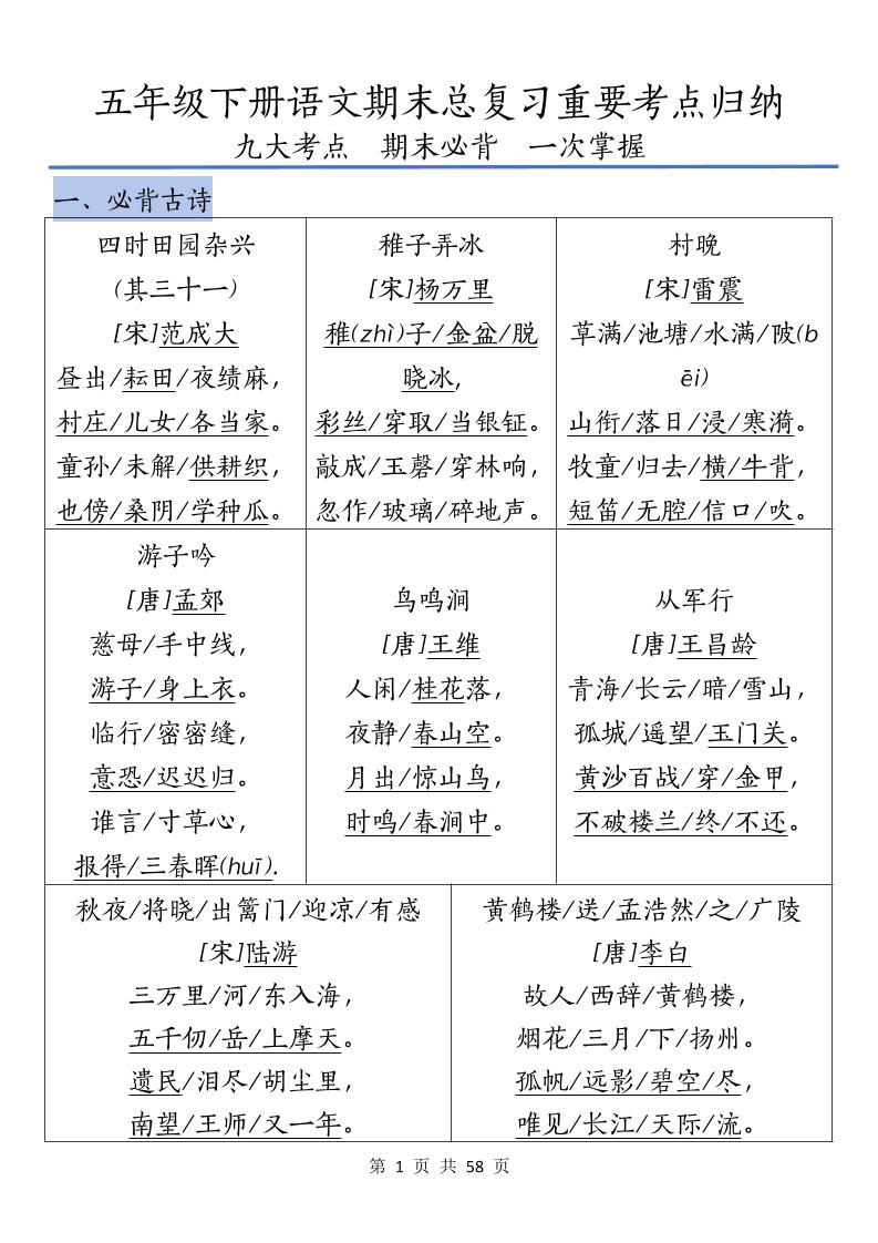 五下语文期末总复习重要考点归纳-玖零笔记