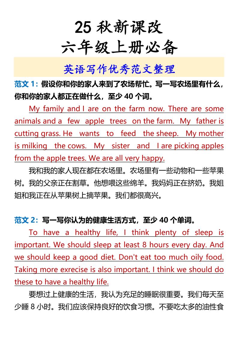 【2025秋新版】六年级上册必备英语写作优秀范文整理-玖零笔记