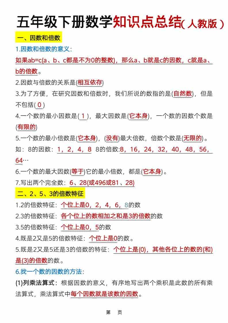 五年级下数学知识点总结《人教版》-玖零笔记