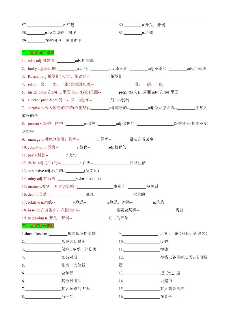 七年级上英语Unit7知识清单背默