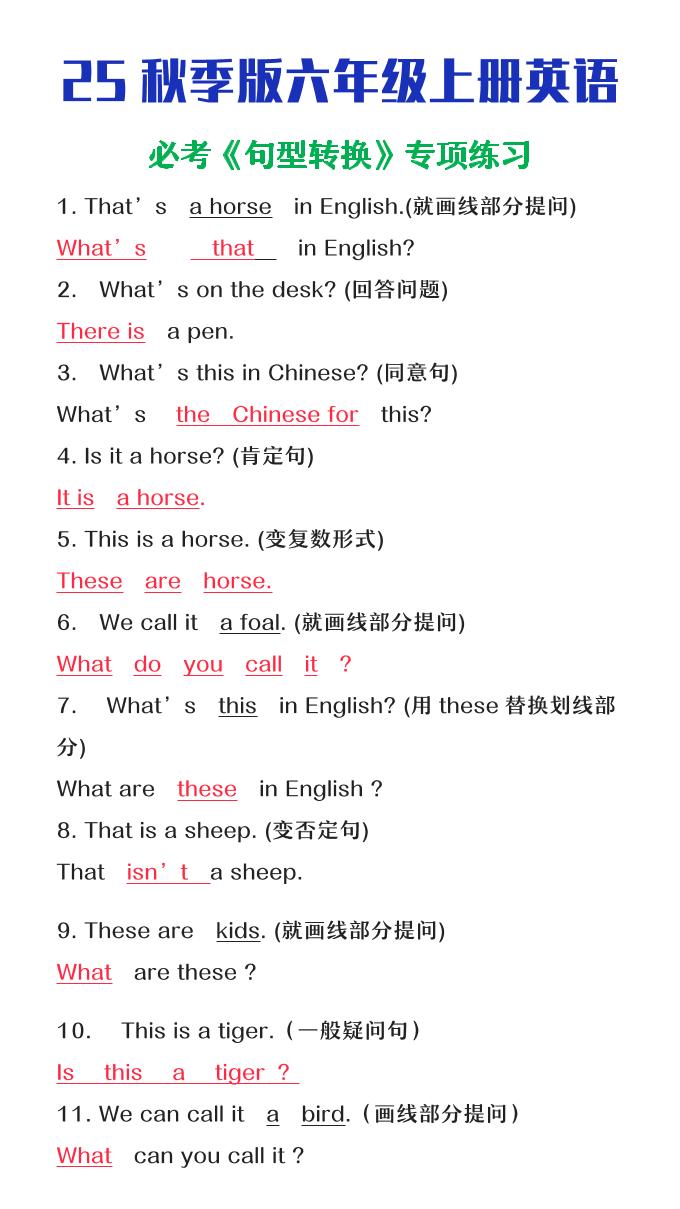 【2025秋新版】六年级上册英语必考句型转换-玖零笔记
