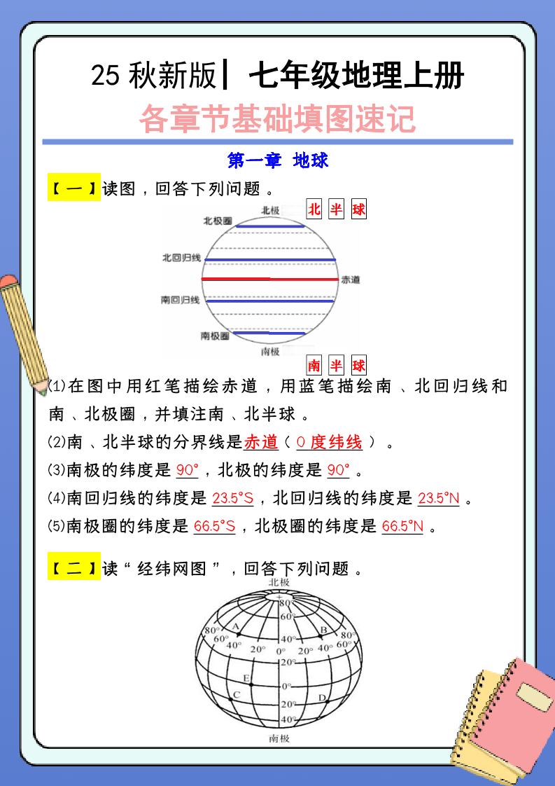 【2025秋新版】七年级地理上册：各章节基础填图速记（含答案）-玖零笔记