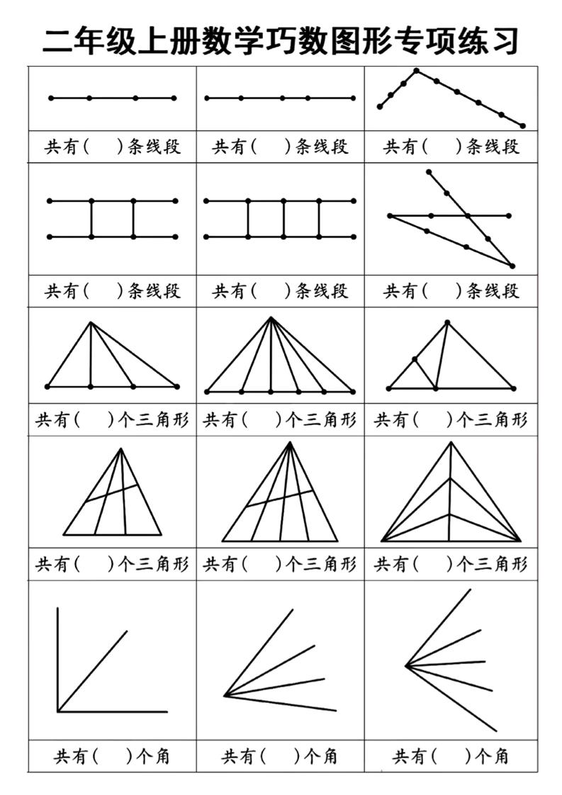 二上数学巧数图形专项练习+角的初步认识（10页）-玖零笔记