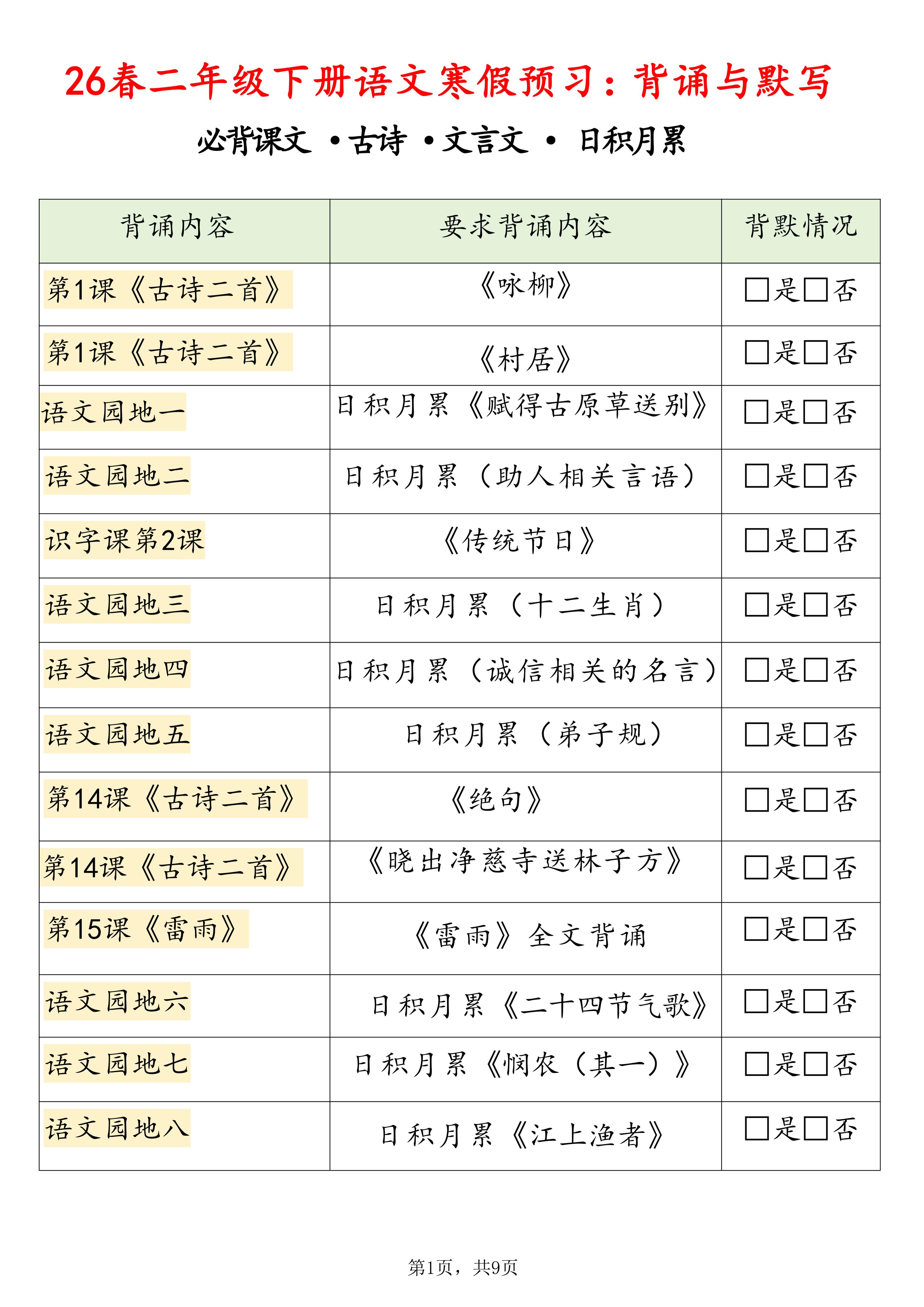 26春二下语文寒假预习背诵与默写（必背课文、古诗、文言文、日积月累）9页-玖零笔记