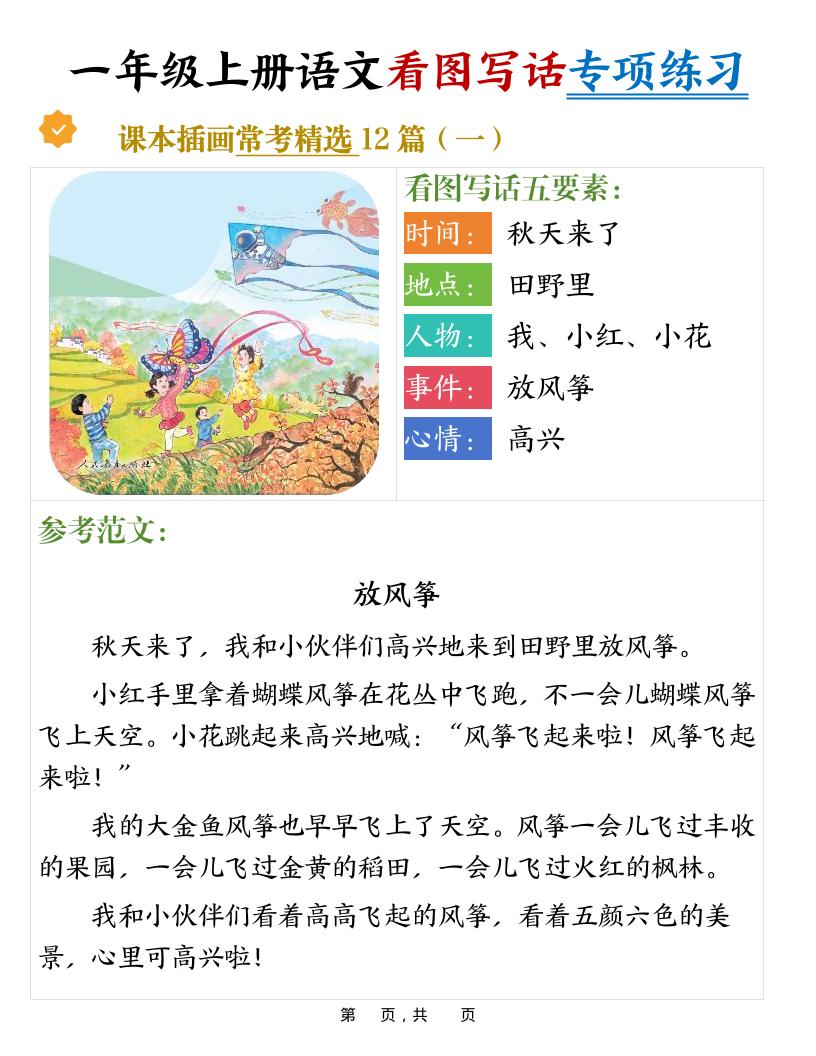 新一上语文看图写话专项练习常考精选12篇（含范文24页）-玖零笔记