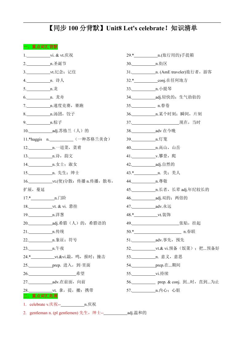 七年级上英语Unit8知识清单背默-玖零笔记