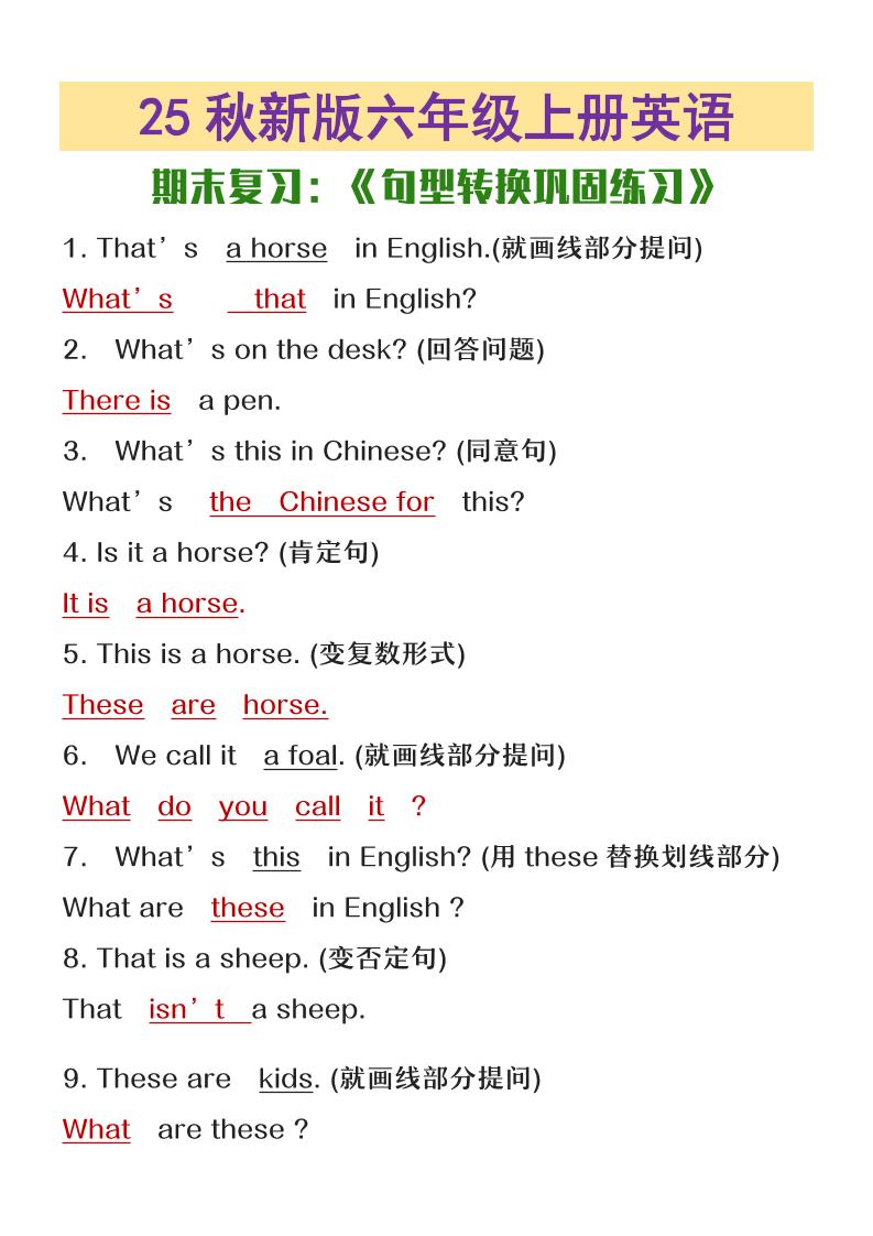 【2025秋新版】六年级上册英语期末复习句型转换巩固练习-玖零笔记