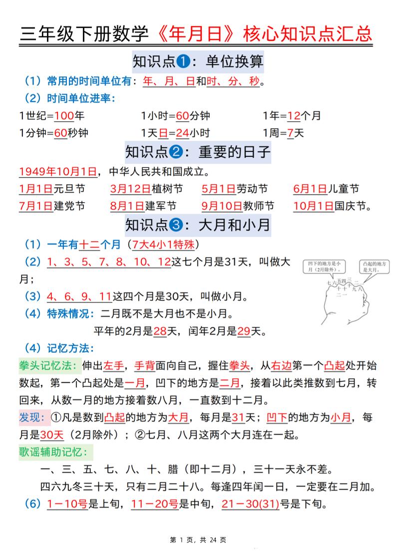 三下数学《年月日》核心知识点汇总+计算技巧+六大考点必刷题（练习+答案24页）-玖零笔记