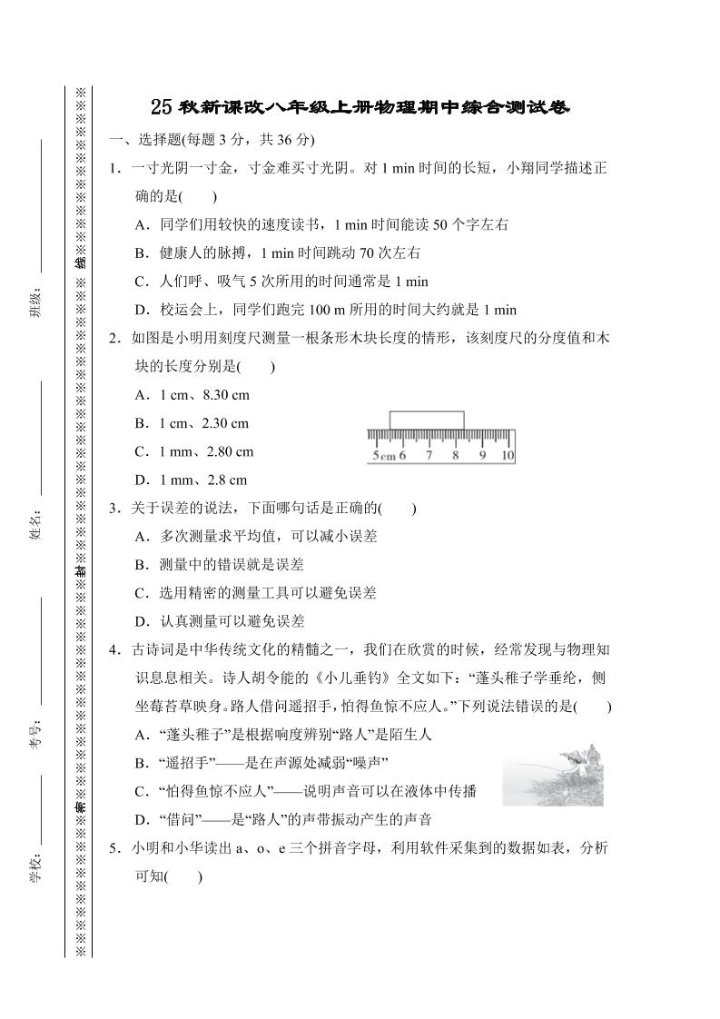 【2025秋新版】八年级上册物理期中综合测试卷-玖零笔记