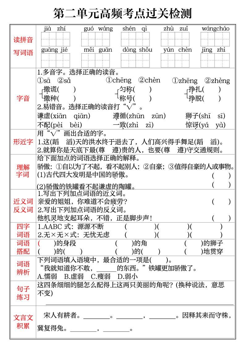 三年级下语文1-8单元高频考点过关检测