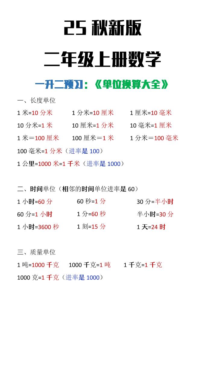 【2025秋新版】二年级上册数学单位换算大全-玖零笔记