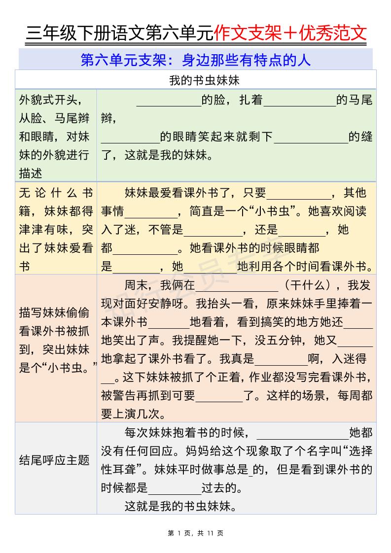 三下语文第六单元作文支架＋优秀范文（11页）-玖零笔记