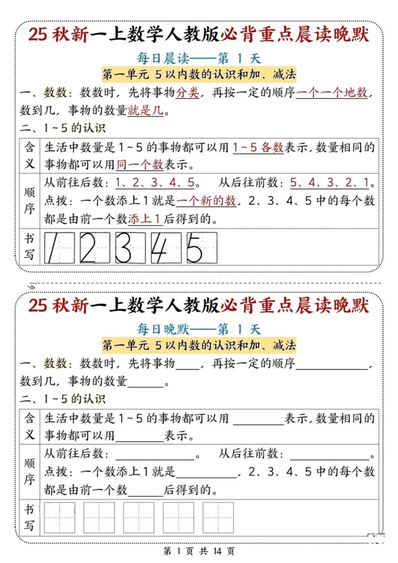 25秋新一上数学必背重点晨读晚默（人教版14页）-玖零笔记