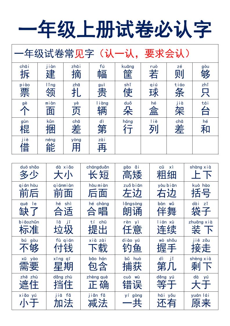 一年级上语文试卷必认字-玖零笔记