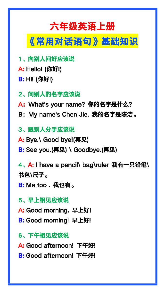 【2025秋新版】六年级英语上册《常用对话语句》-玖零笔记