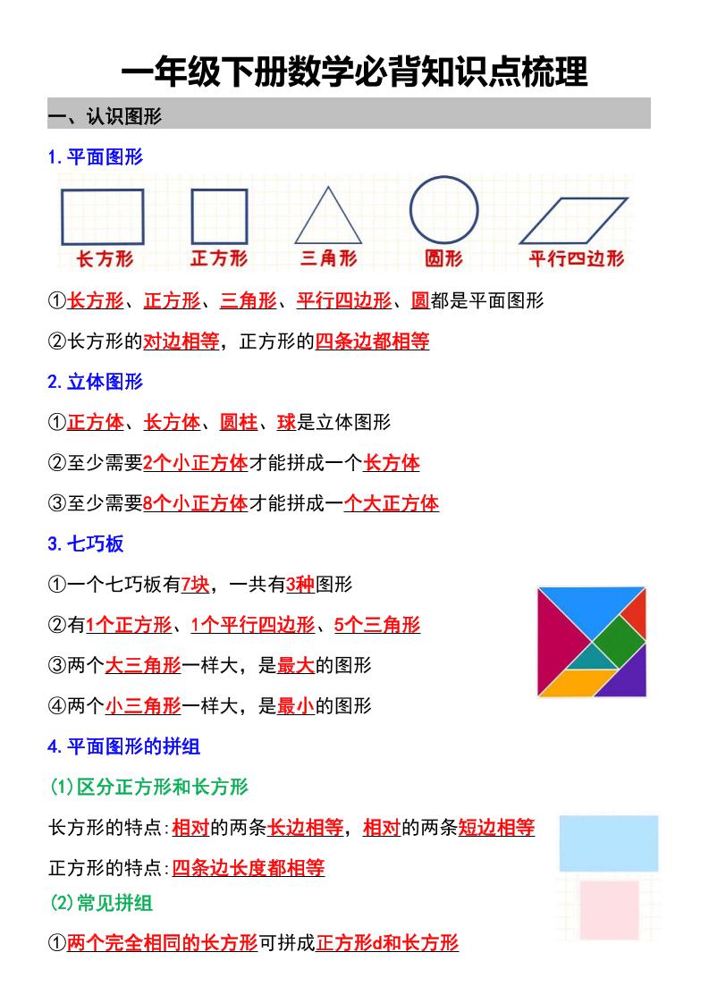 一年级下数学必背知识点梳理-玖零笔记