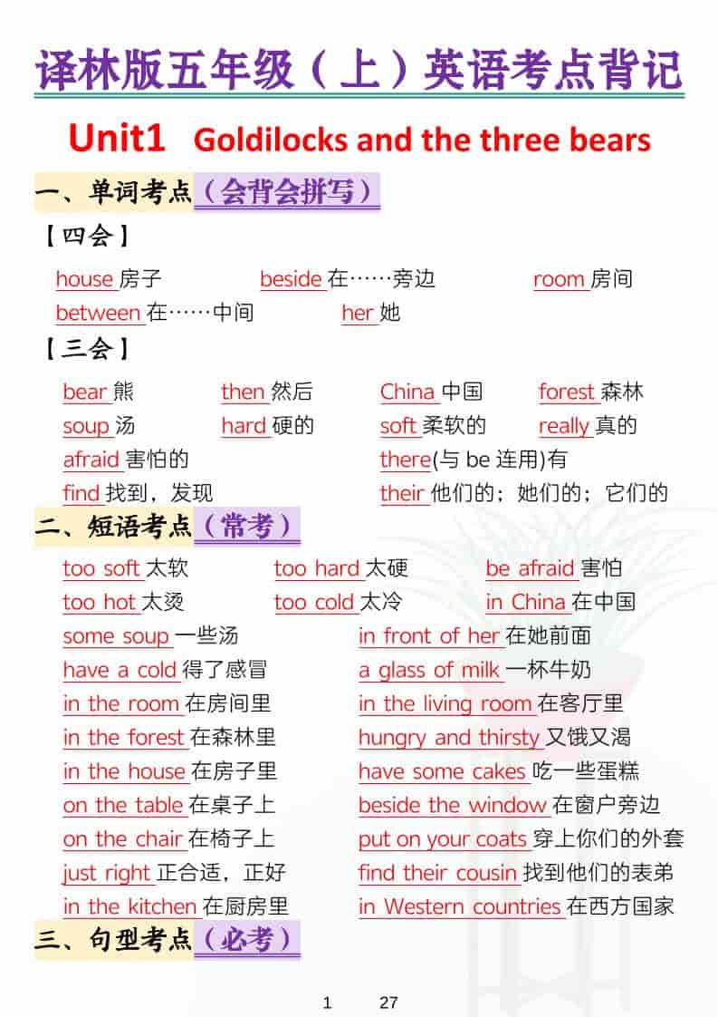 五年级上英语考点背记《译林版》-玖零笔记