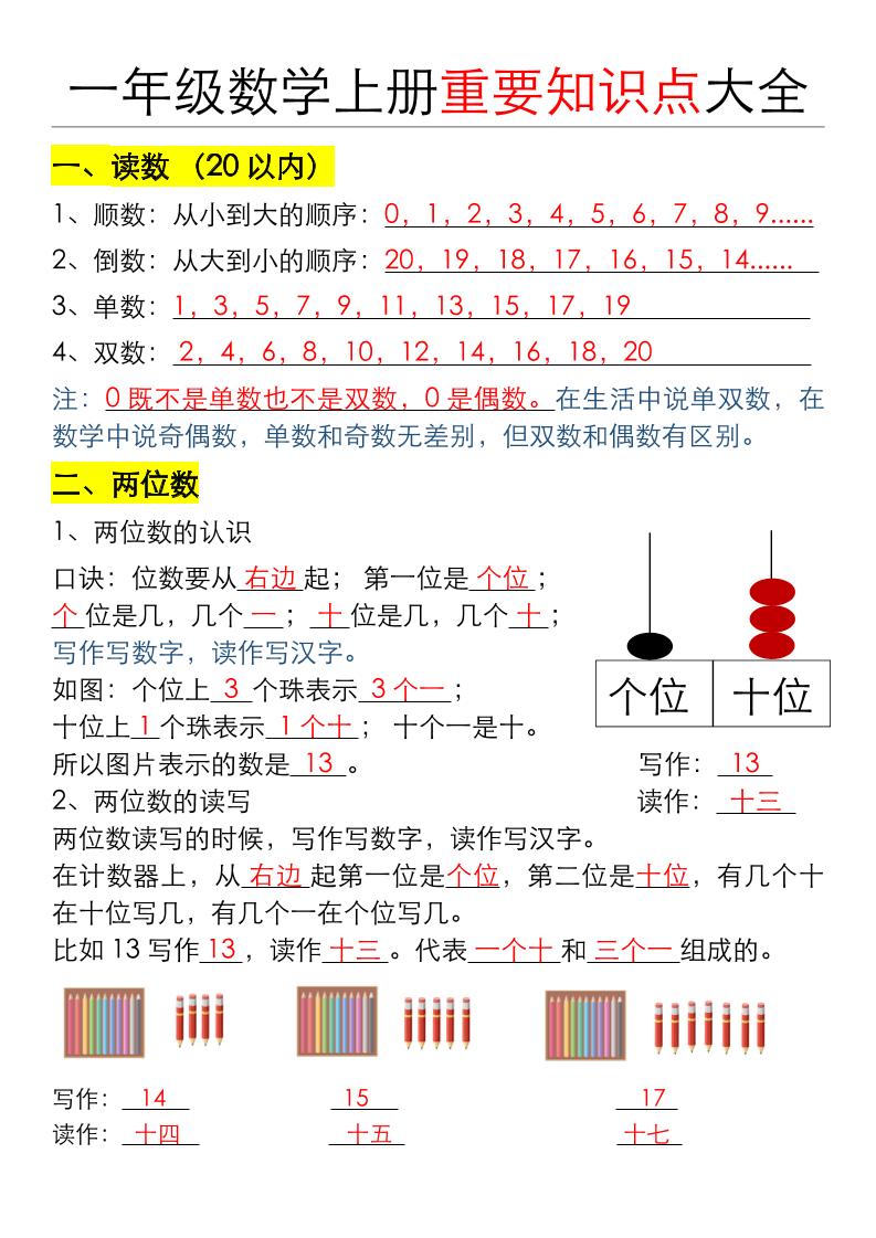 一年级数学上册重要知识点大全（答案版）-玖零笔记
