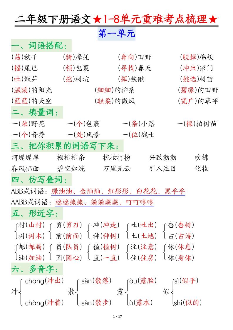二下语文期末复习1-8单元重难考点梳理总结（17页）-玖零笔记