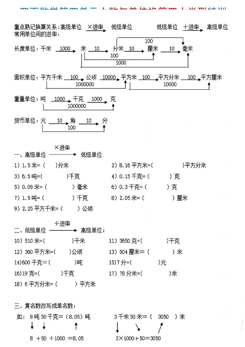 四下《数学小数与单位换算四大类型特训》4页-玖零笔记