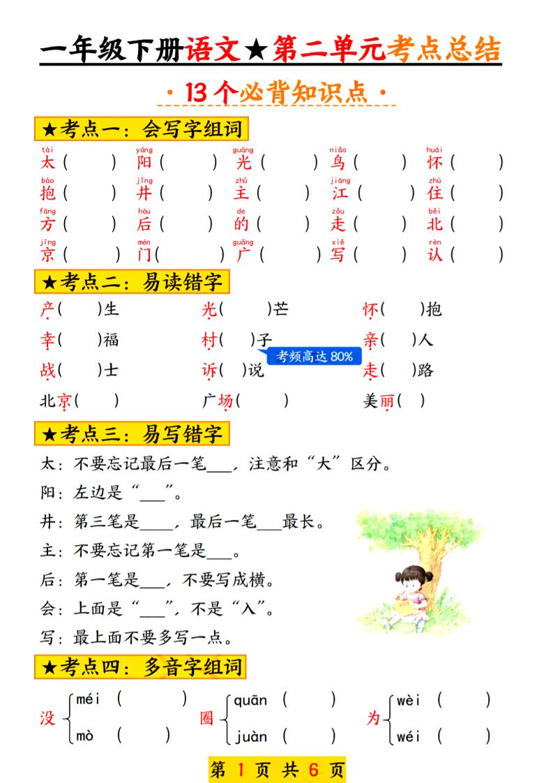 2025新版一年级语文下册第二单元考点总结13个必背-玖零笔记