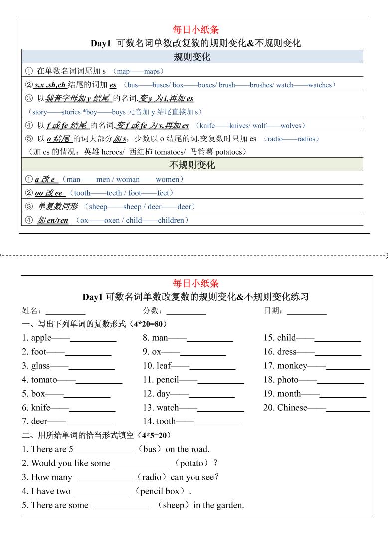 三上人教PEP版英语【语法每日小纸条】-玖零笔记