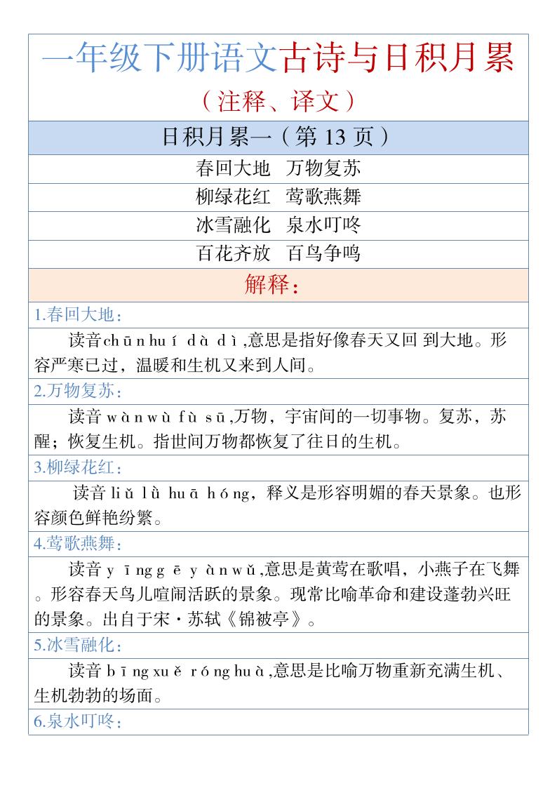 一年级下语文古诗与日积月累（注释、译文）1-玖零笔记
