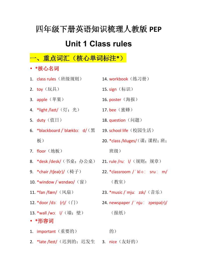 四年级下英语Unit1知识梳理+默写单《人教版PEP》-玖零笔记