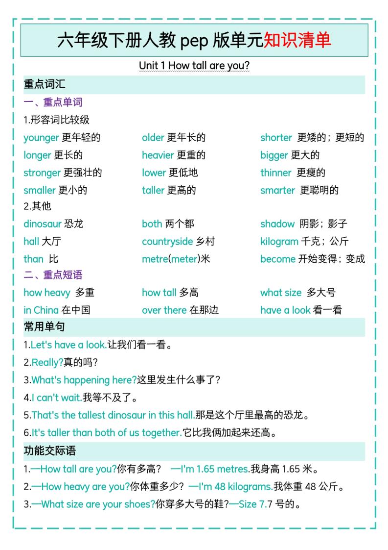 六下英语人教pep版单元知识清单-玖零笔记