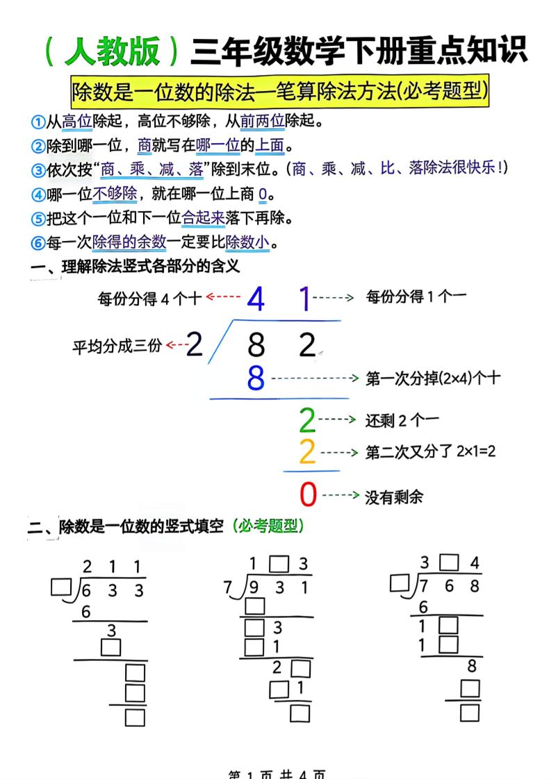 三年级下数学除数是一位数的除法—笔算除法方法(必考题型)《人教版》-玖零笔记