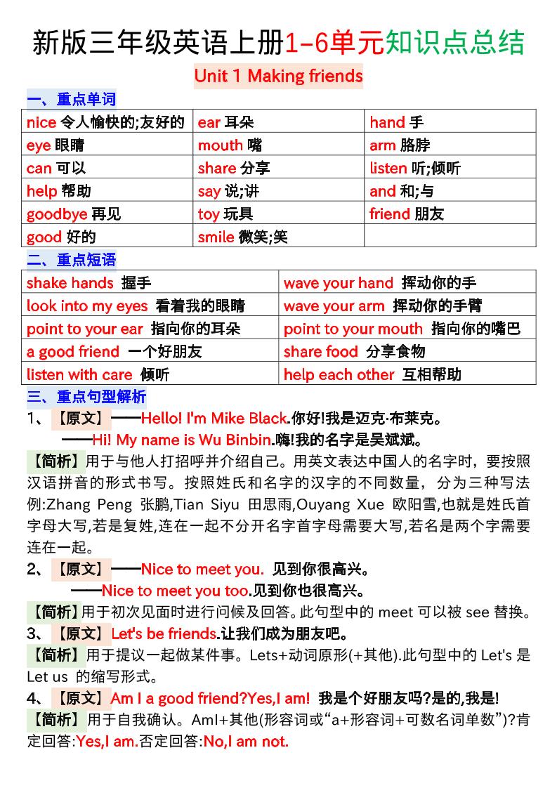 新版三年级英语上册1-6单元知识点总结-玖零笔记