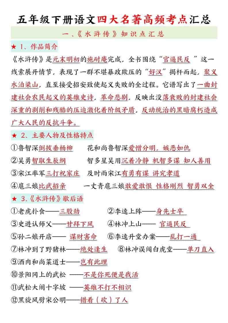 五年级下语文四大名著高频考点-玖零笔记