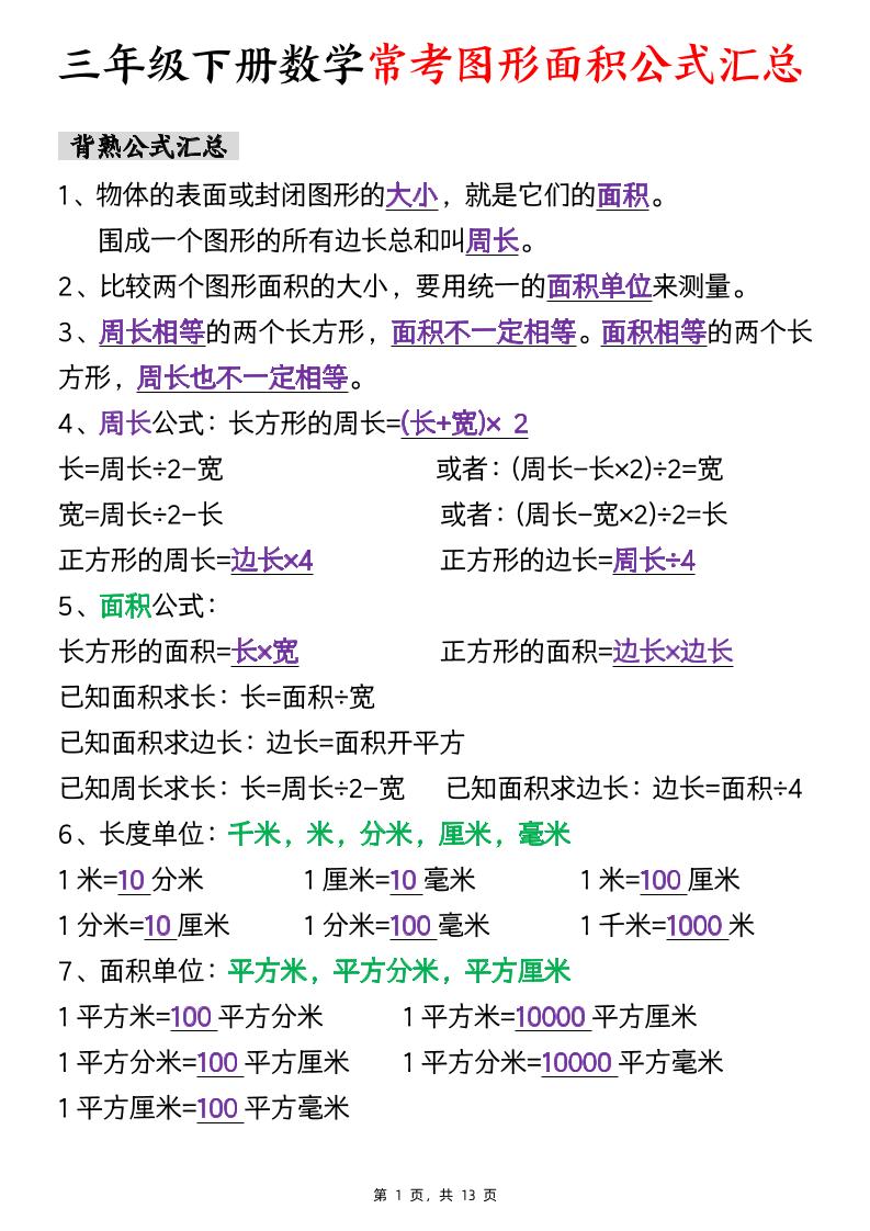 三年级下数学面积公式汇总+面积十大考点专项练习-玖零笔记