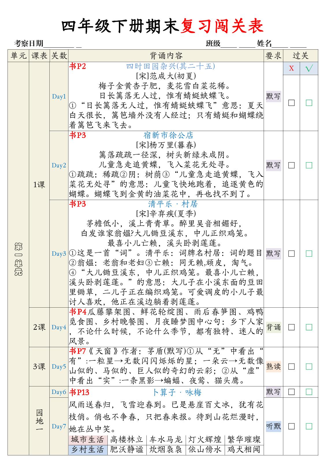 【期末复习背诵闯关表】四下语文-玖零笔记