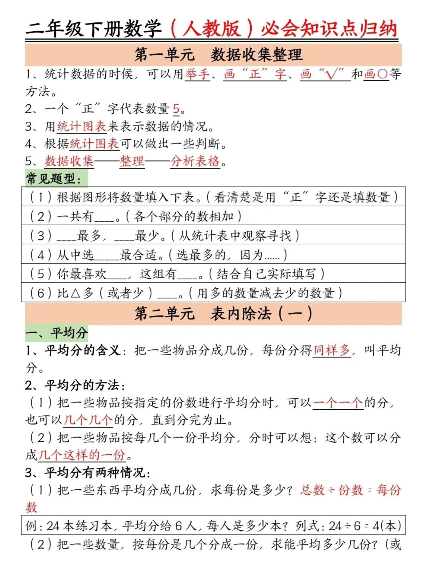 二年级下数学必背知识点归纳《人教版》-玖零笔记