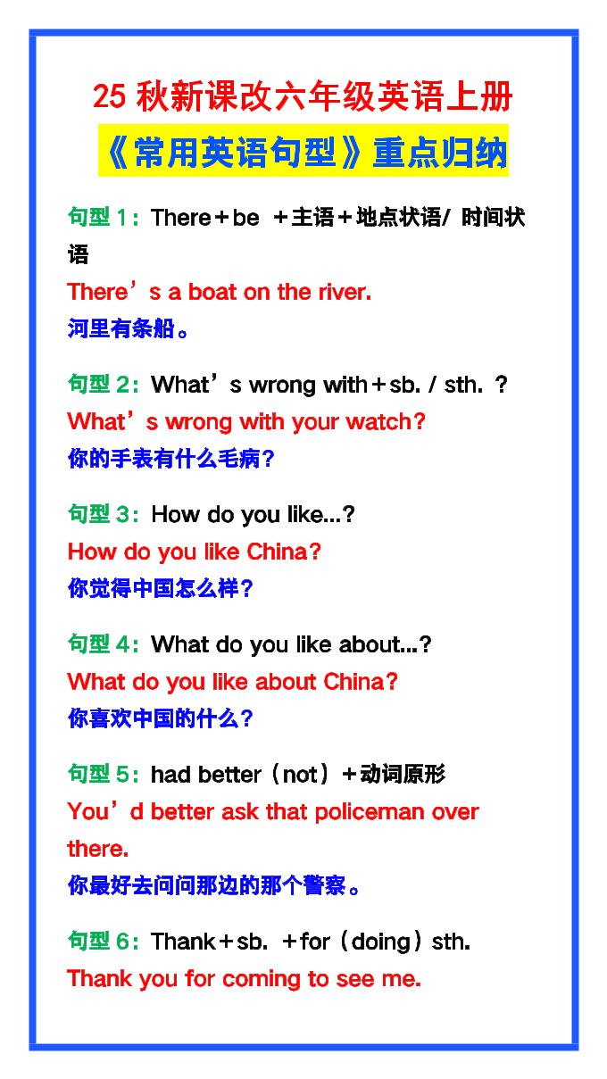 【2025秋新版】六年级英语上册《常用英语句型》重点归纳，提分必备!-玖零笔记