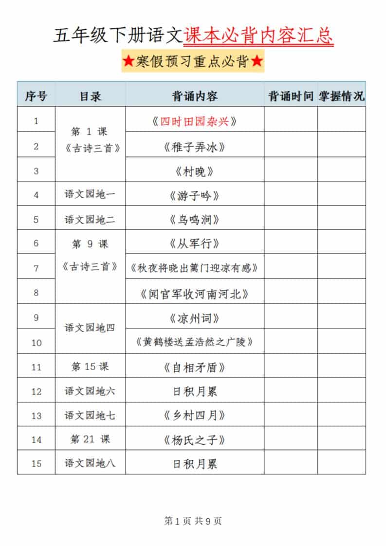五年级(下）语文课本必背内容汇总-玖零笔记